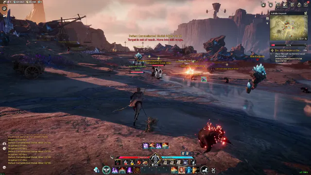 Name labels, health bars, and distance text on creatures in a mining field