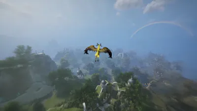 Winged character flying over a green valley with a rainbow in the distance