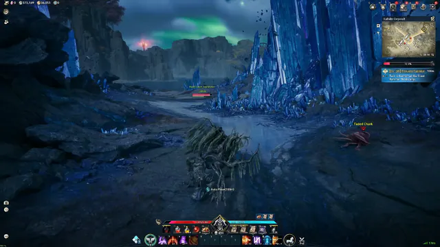 A creature with a health bar and name beside a crystal canyon